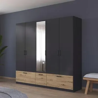 Bari 5 Door Combi Wardrobe with Drawers - Metallic Grey