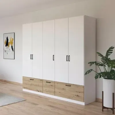 Bari 5 Door Wardrobe with Drawers - Alpine White, Artisan Oak