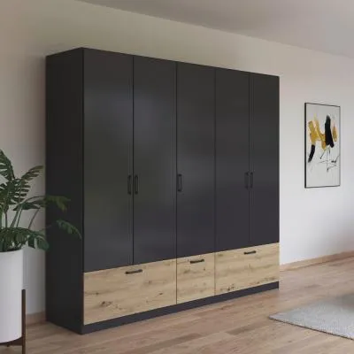 Bari 5 Door Wardrobe with Drawers - Metallic Grey