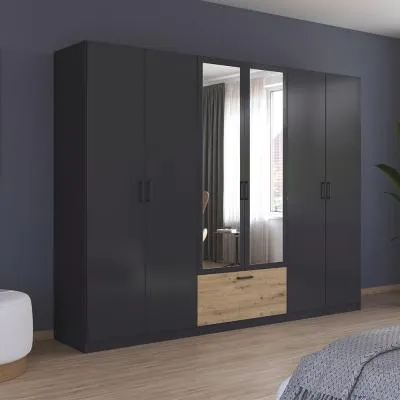 Bari 6 Door Combi Wardrobe - Metallic Grey, Artisan Oak
