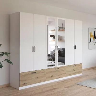 Bari 6 Door Combi Wardrobe with Drawers - Alpine White, Oak