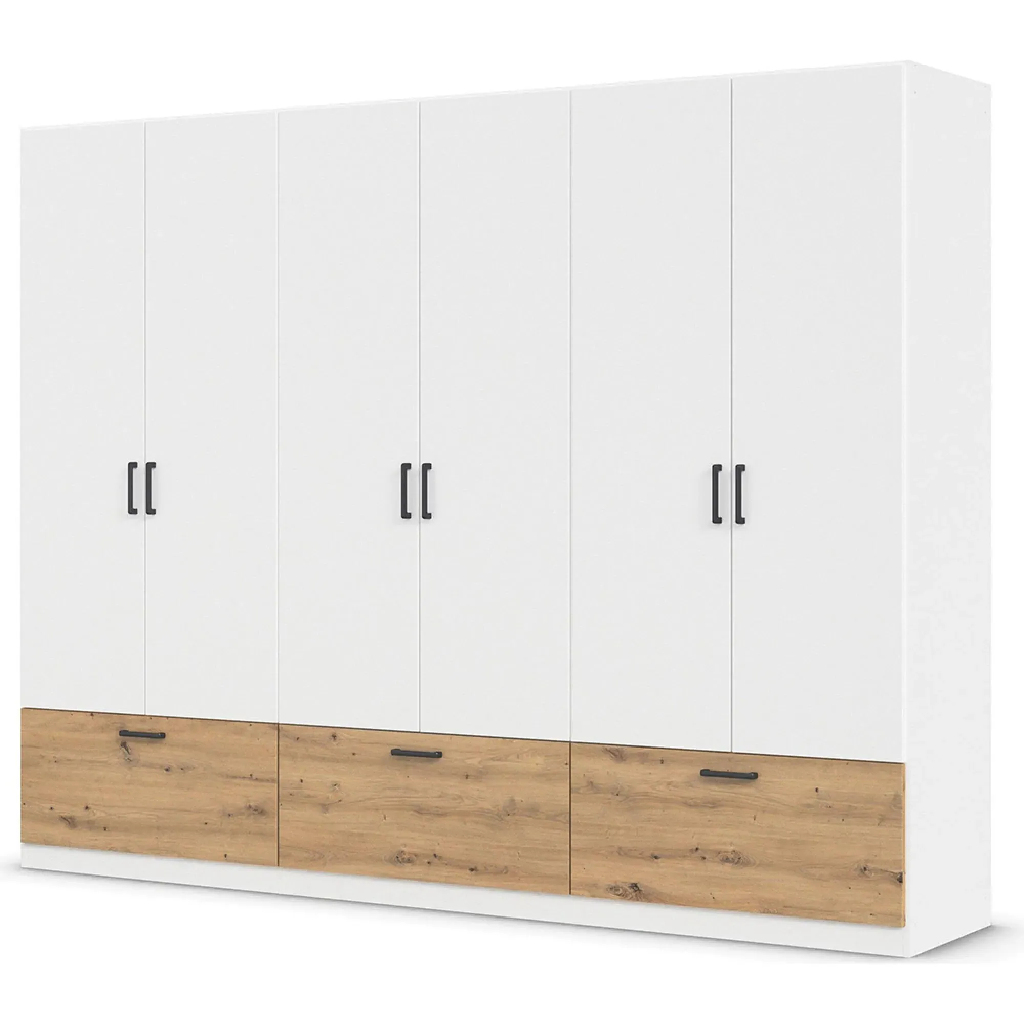 Bari 6 Door Wardrobe with Drawers - Alpine White, Artisan Oak