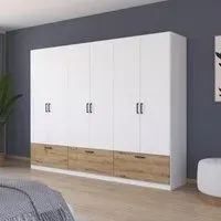 Bari 6 Door Wardrobe with Drawers - Alpine White, Artisan Oak
