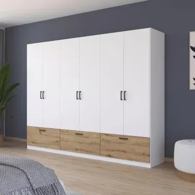 Bari 6 Door Wardrobe with Drawers - Alpine White, Artisan Oak