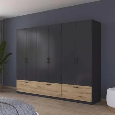 Bari 6 Door Wardrobe with Drawers - Metallic Grey, Artisan Oak