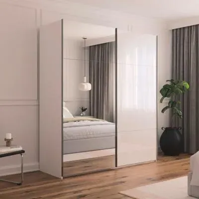 Contido 2 Door Sliding Mirror Wardrobe with Extras - Crystal White Glass