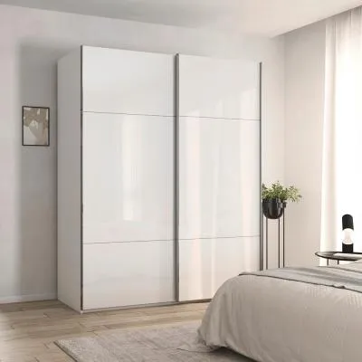 Contido 2 Door Sliding Wardrobe with Extras - Crystal White Glass