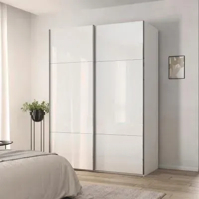 Contido 2 Door Sliding Wardrobe with Extras - Crystal White Glass