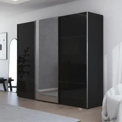 Contido 3 Door Sliding Mirror Wardrobe with Extras - Black Glass