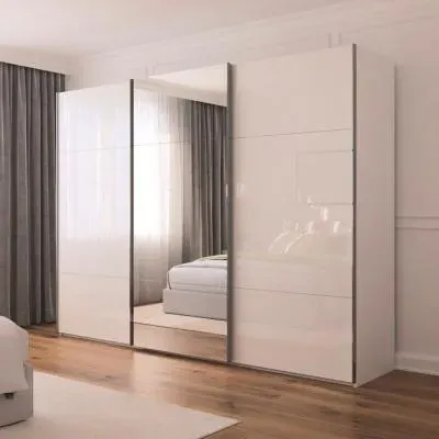 Contido 3 Door Sliding Mirror Wardrobe with Extras - Crystal White Glass