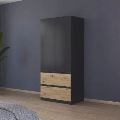 Costa 91cm 2 Door Wardrobe with Drawers - Metallic Dark Grey, Artisan Oak