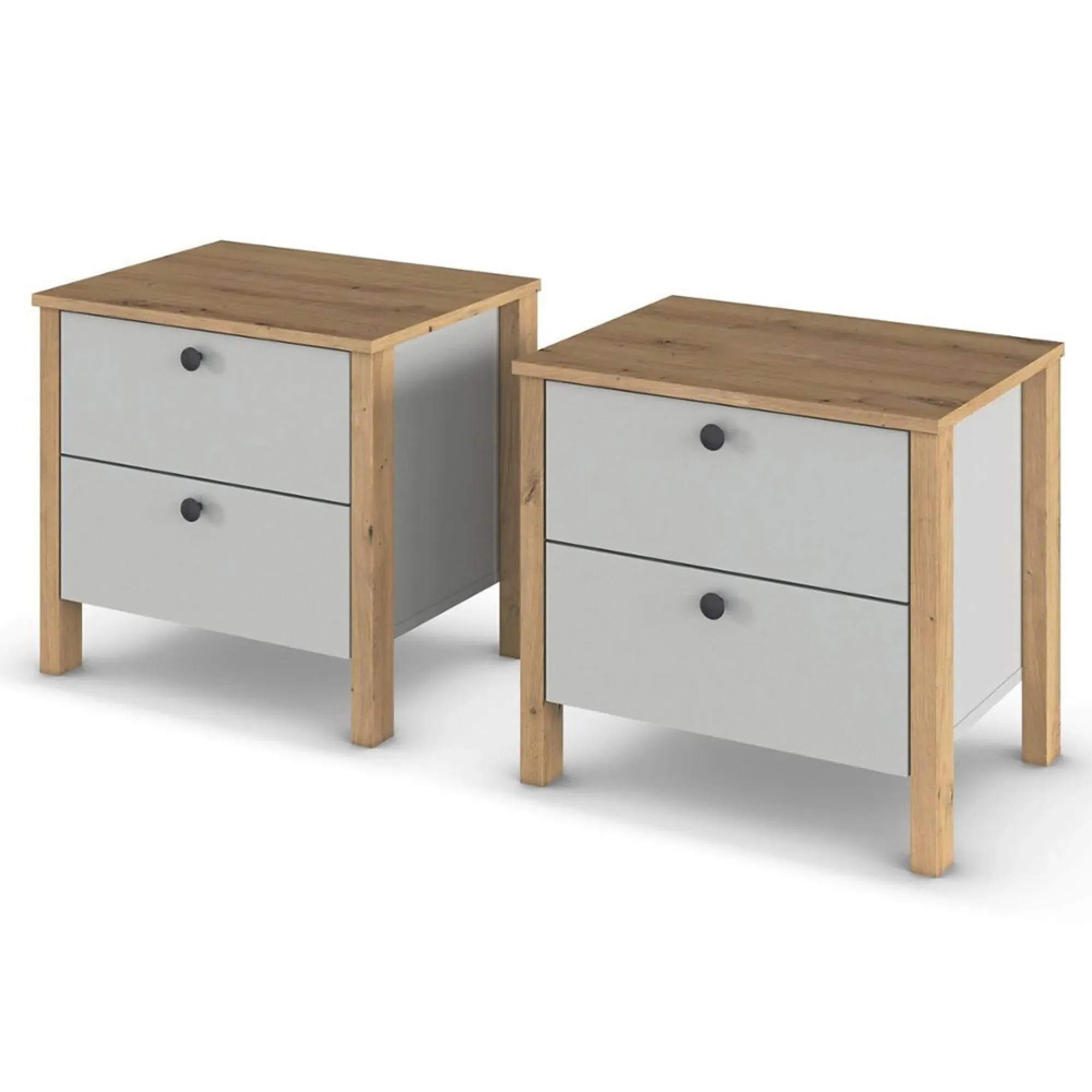 Credo 2 Drawer Bedside Table Set of 2 - Silk Grey, Artisan Oak