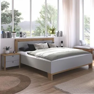 Credo King Size Bed with 2 Bedside Tables - Silk Grey, Artisan Oak