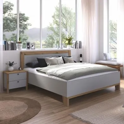 Credo King Size Bed with 2 Bedside Tables - Silk Grey, Artisan Oak