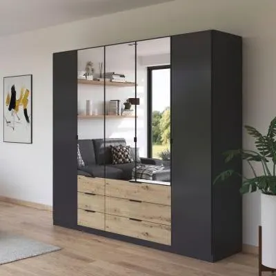 Davoa 5 Door Combi Wardrobe - Metallic Dark Grey, Artisan Oak