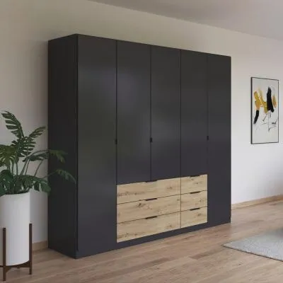 Davoa 5 Door Wardrobe - Metallic Dark Grey, Artisan Oak