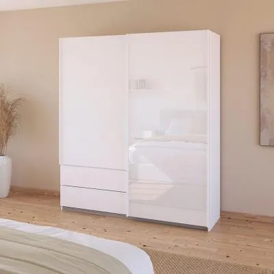Elara 2 Door Sliding Wardrobe - Alpine White, White Glass