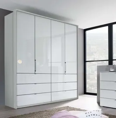 Erimo 4 Door Folding Wardrobe with Drawers - White, Glass
