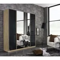 Essensa 4 Door Mirror Wardrobe - Oak, Basalt Glass