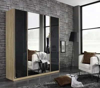 Essensa 4 Door Mirror Wardrobe - Oak, Basalt Glass
