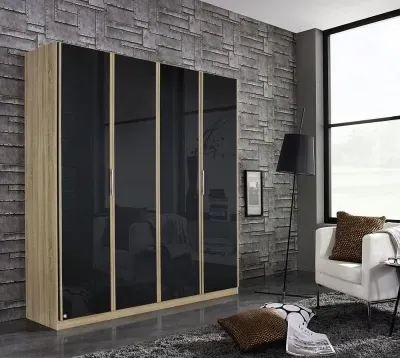 Essensa 4 Door Wardrobe - Oak, Basalt Glass