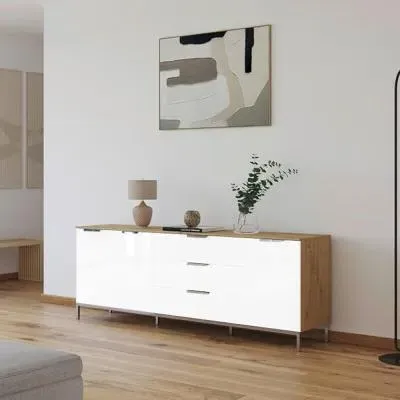 Flipp 3 Door Low Sideboard with Metal Base - Artisan Oak