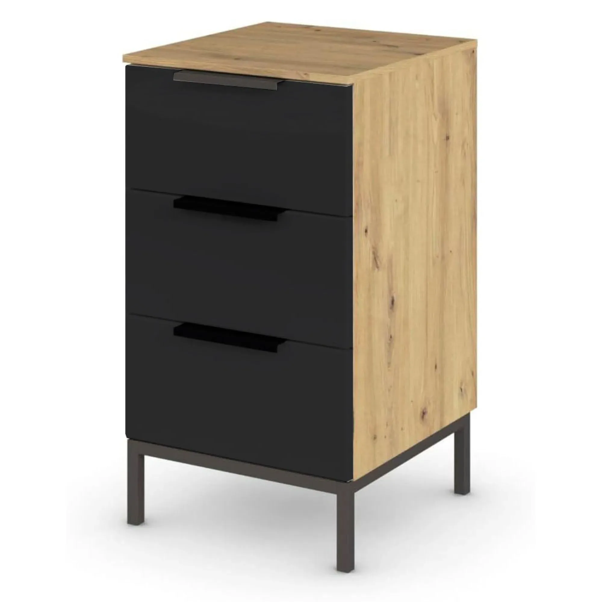 Flipp 3 Drawer Bedside Cabinet with Metal Base - Artisan Oak