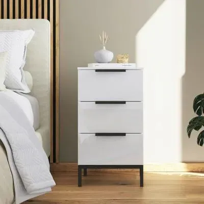 Flipp 3 Drawer Bedside Cabinet with Metal Base - White