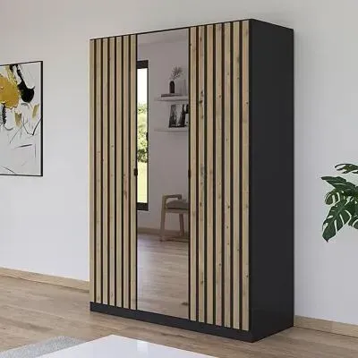 Genua 3 Door Wardrobe with Mirror - Metallic Dark Grey, Artisan Oak