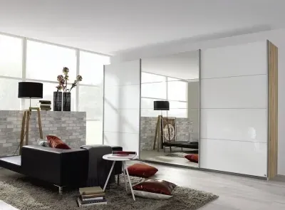 Kulmbach 3-Door Sliding Wardrobe with Mirror - White, Oak