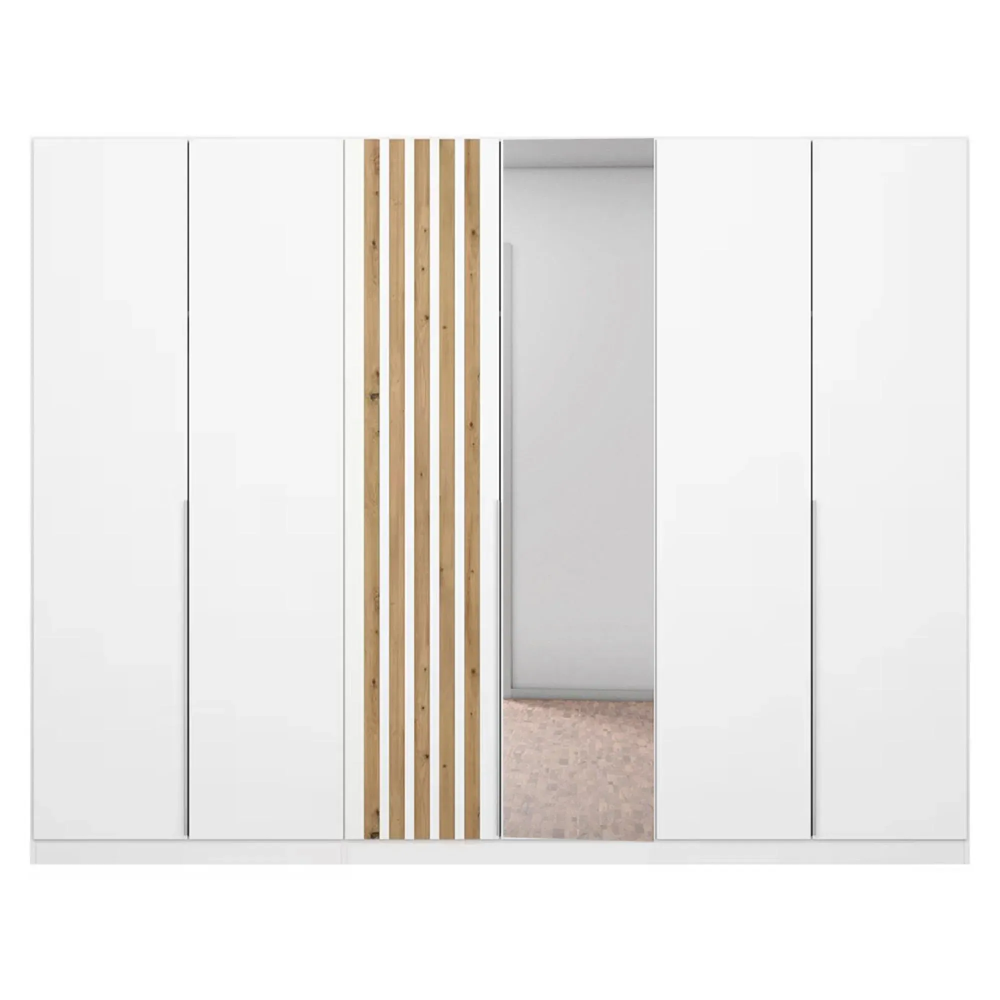 Lamella 6 Door Wardrobe with Mirror - Alpine White, Artisan Oak