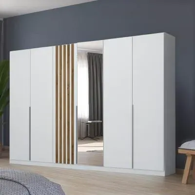 Lamella 6 Door Wardrobe with Mirror - Alpine White, Artisan Oak