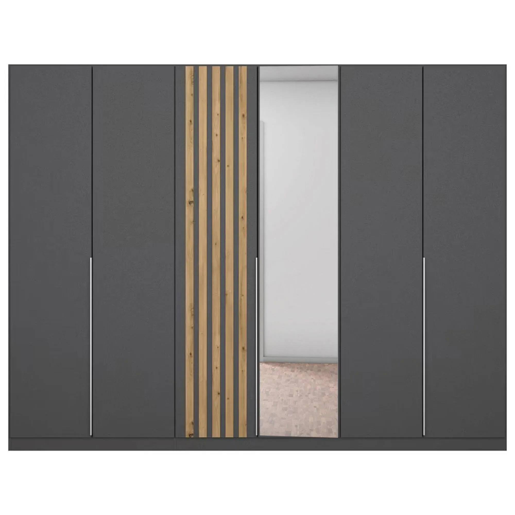 Lamella 6 Door Wardrobe with Mirror - Metallic Dark Grey, Artisan Oak