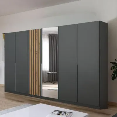 Lamella 6 Door Wardrobe with Mirror - Metallic Dark Grey, Artisan Oak