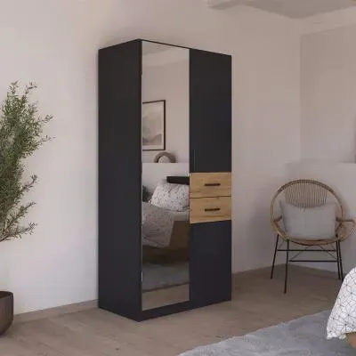 Maika 3 Door Wardrobe - Metallic Dark Grey, Artisan Oak