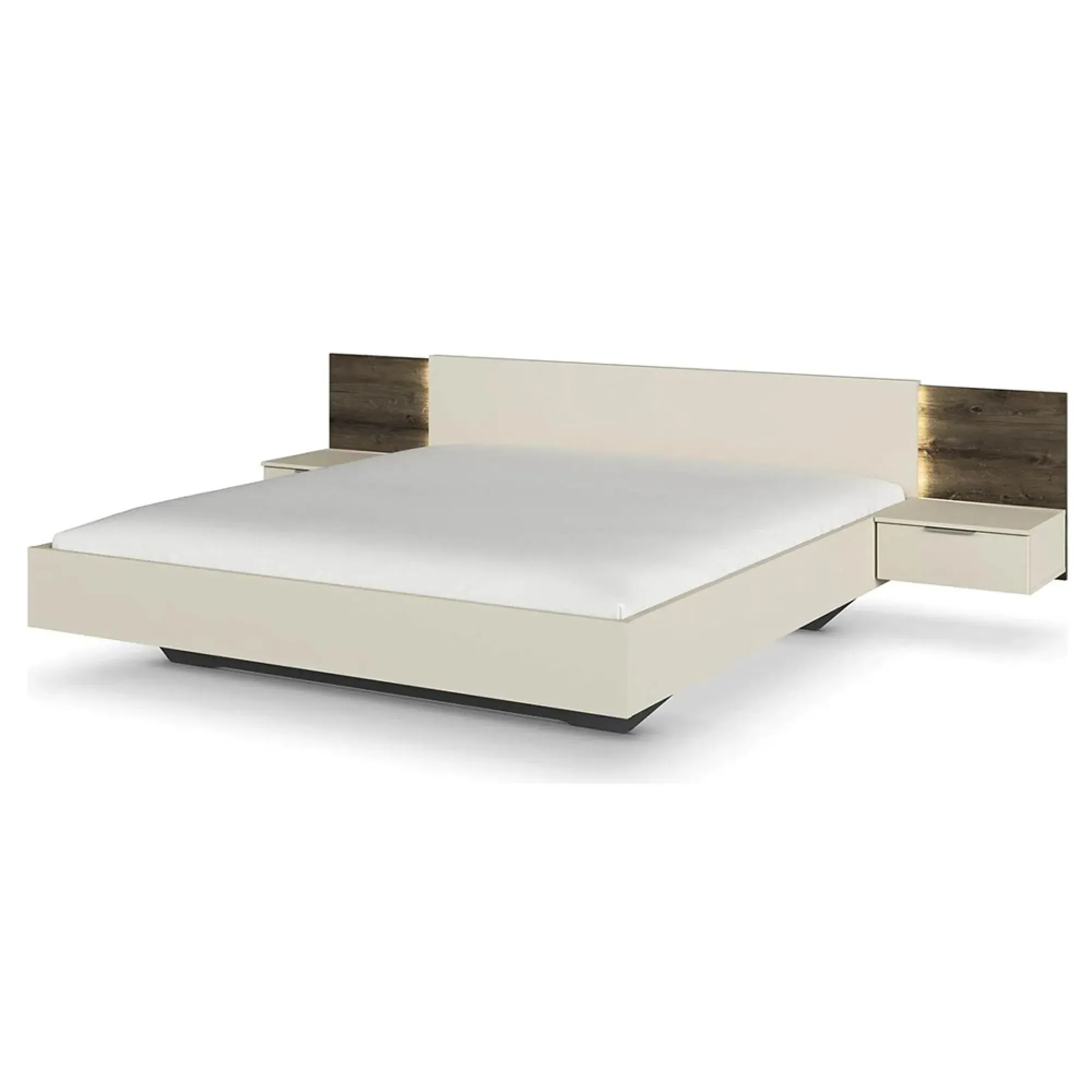 Marbella Queen Size Bed with 2 Hanging Bedside Tables - Champagne, Oak