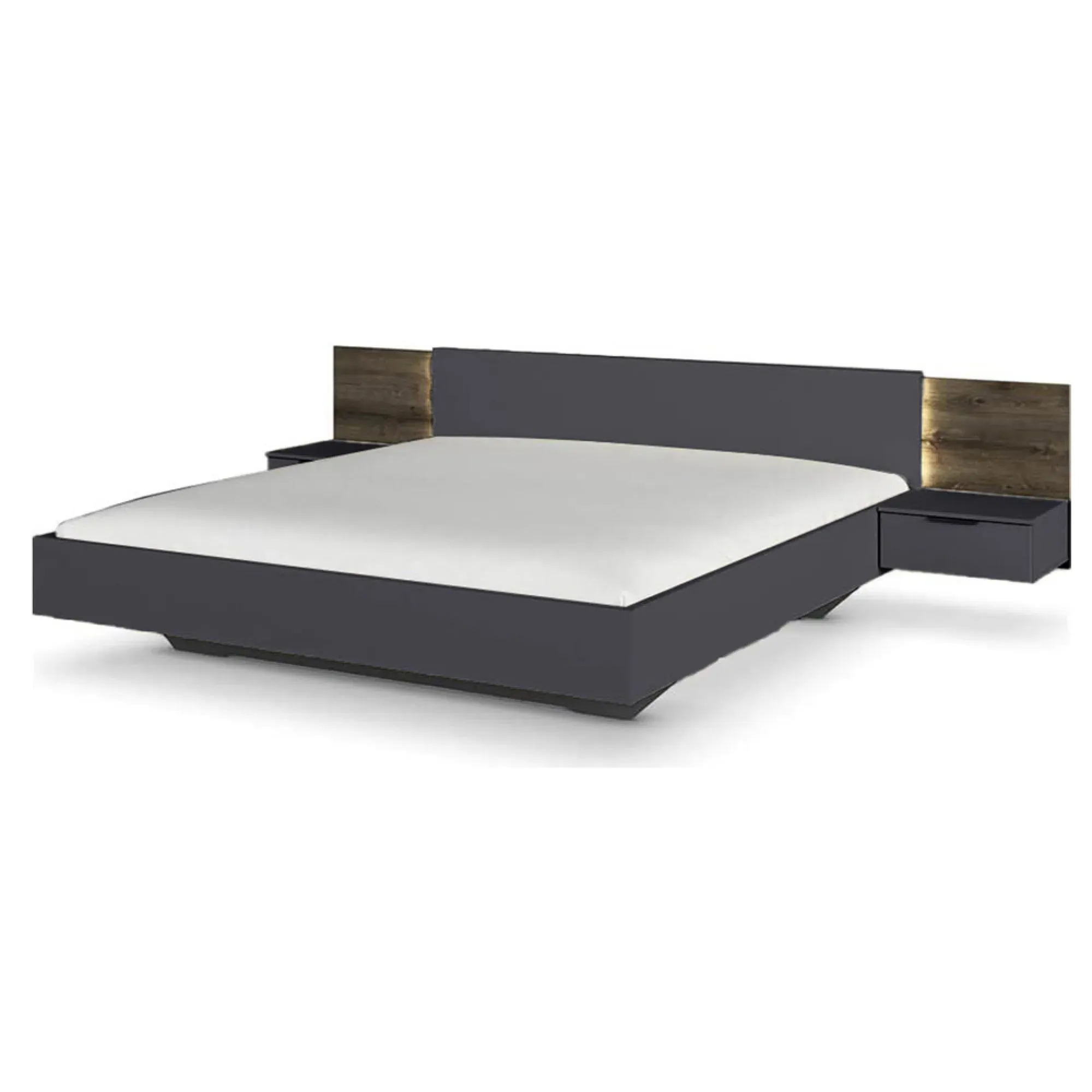 Marbella Queen Size Bed with 2 Hanging Bedside Tables - Grey, Oak