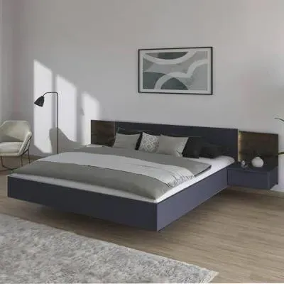 Marbella Queen Size Bed with 2 Hanging Bedside Tables - Grey, Oak