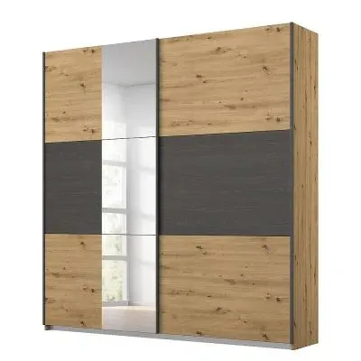 Miro 175cm 2 Door Sliding Wardrobe with Mirror - Oak, Black