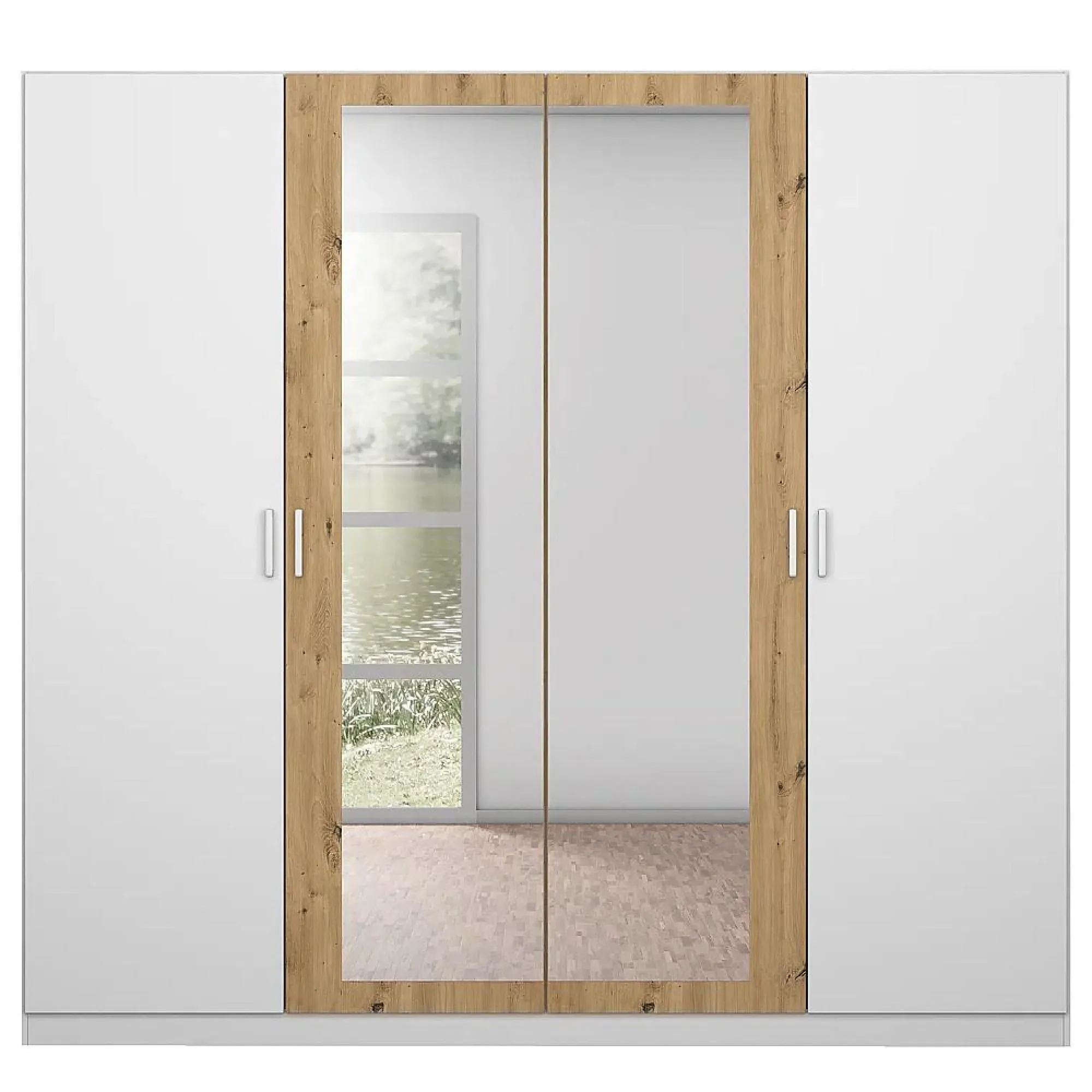 Miro 4 Door Wardrobe with Mirror - Alpine White, Artisan Oak