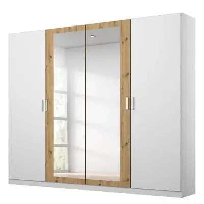 Miro 4 Door Wardrobe with Mirror - Alpine White, Artisan Oak