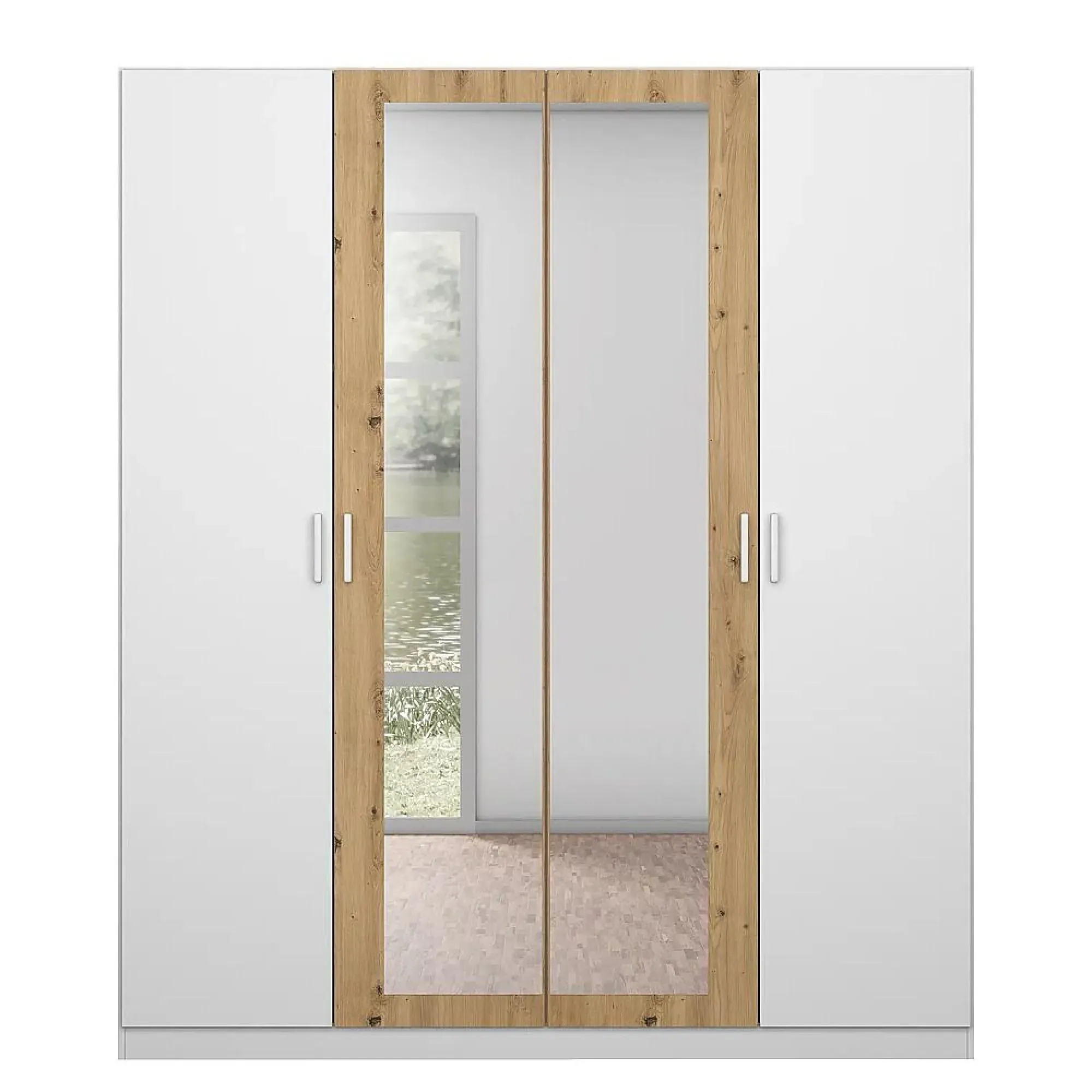 Miro 4 Door Wardrobe with Mirror - Alpine White, Artisan Oak