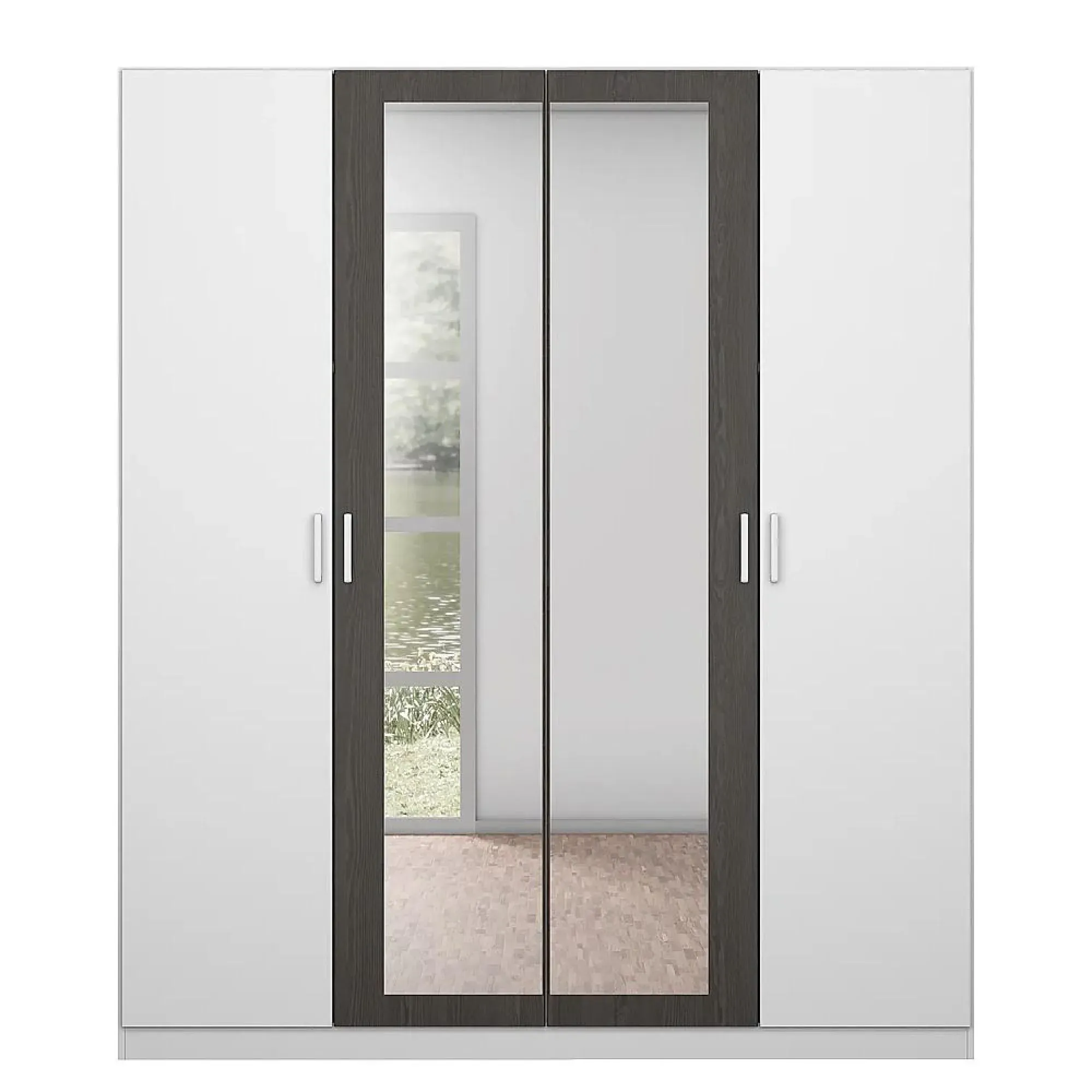 Miro 4 Door Wardrobe with Mirror - Alpine White, Black Oak