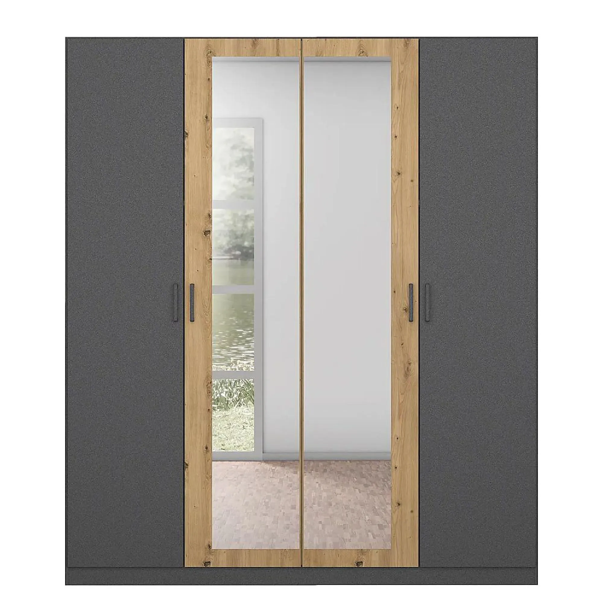 Miro 4 Door Wardrobe with Mirror - Metallic Dark Grey, Artisan Oak