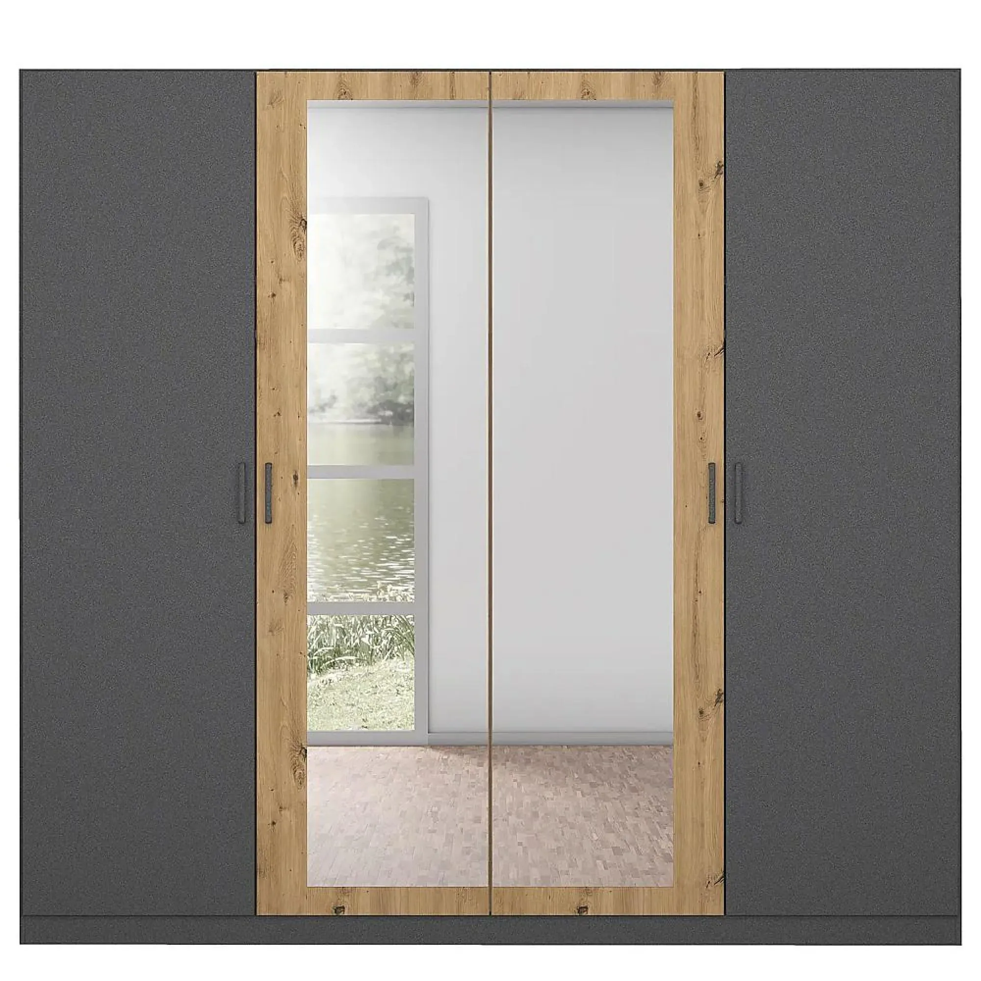 Miro 4 Door Wardrobe with Mirror - Metallic Dark Grey, Artisan Oak