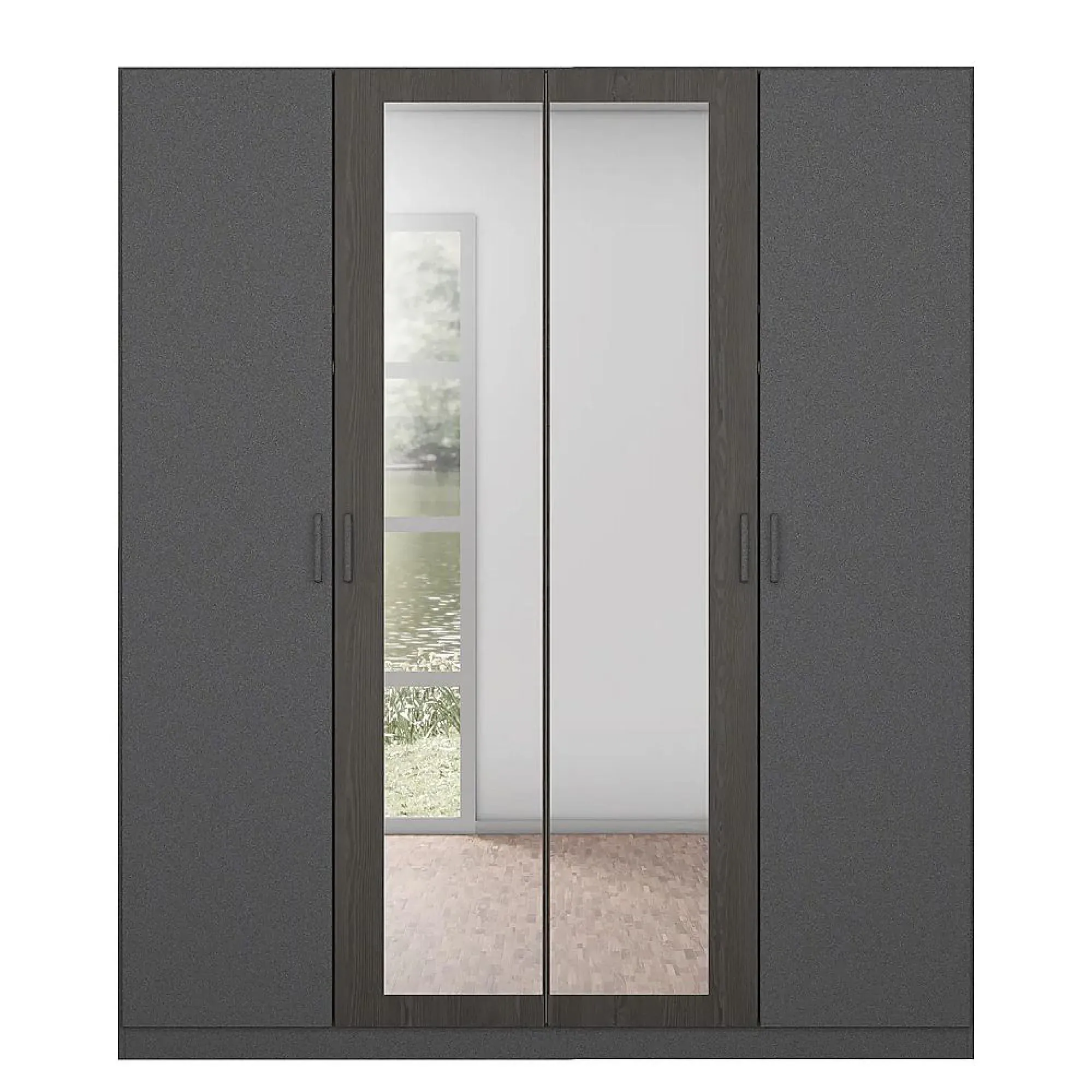 Miro 4 Door Wardrobe with Mirror - Metallic Dark Grey, Black Oak