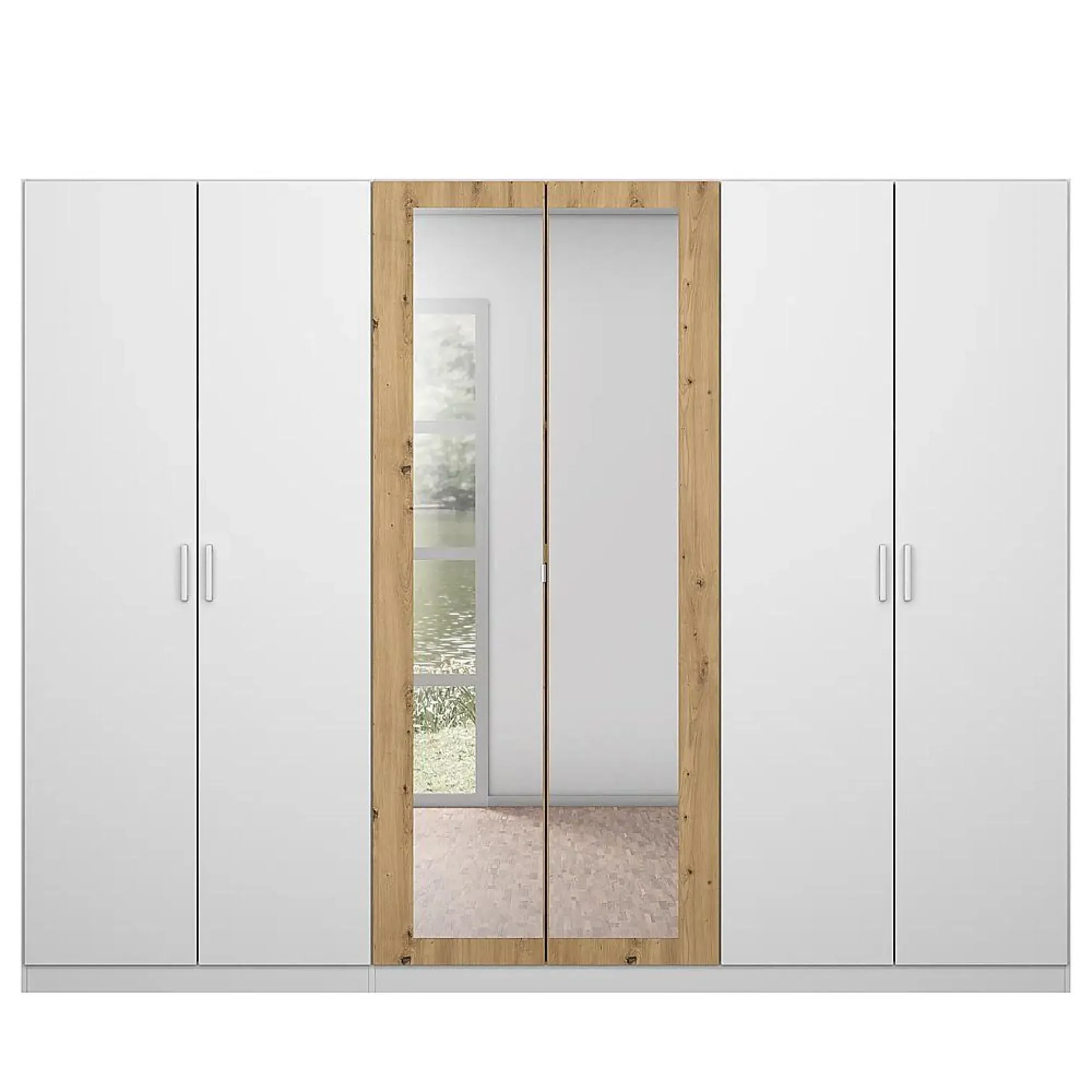 Miro 6 Door Wardrobe with Mirror - Alpine White, Artisan Oak