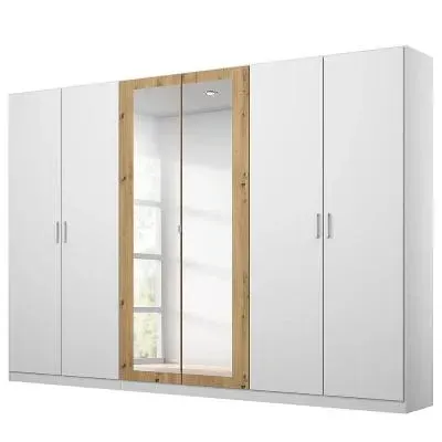 Miro 6 Door Wardrobe with Mirror - Alpine White, Artisan Oak