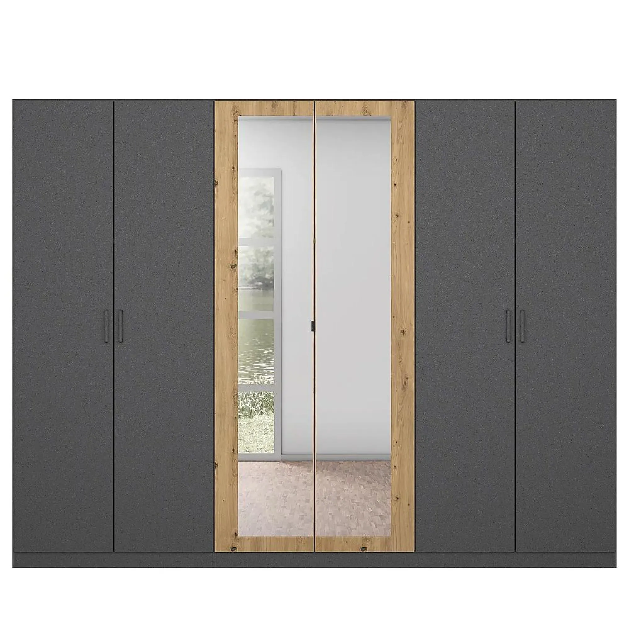 Miro 6 Door Wardrobe with Mirror - Metallic Dark Grey, Artisan Oak