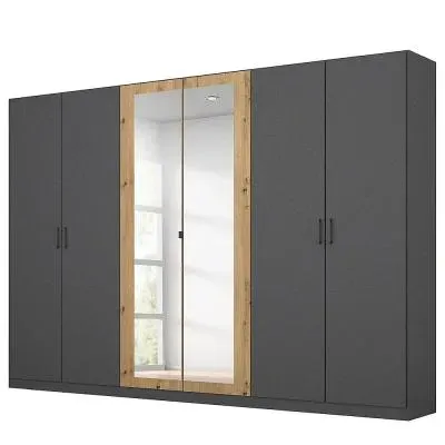 Miro 6 Door Wardrobe with Mirror - Metallic Dark Grey, Artisan Oak